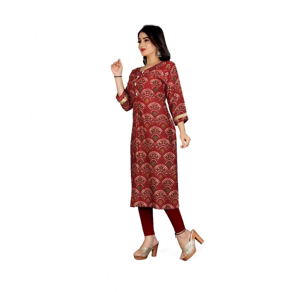 Generic Women's Rayon Foil Printed Straight Kurti (Maroon) - Noble Nook