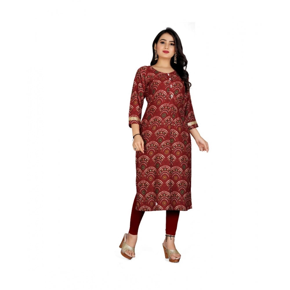 Generic Women's Rayon Foil Printed Straight Kurti (Maroon) - Noble Nook