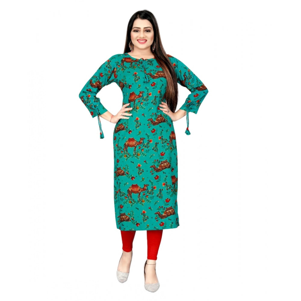 Generic Women's Rayon Foil Printed Straight Kurti (SeaGreen) - Noble Nook