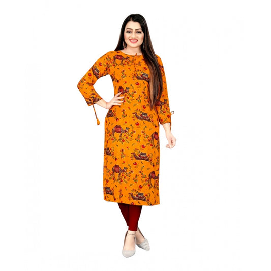 Generic Women's Rayon Foil Printed Straight Kurti (MustardYellow) - Noble Nook