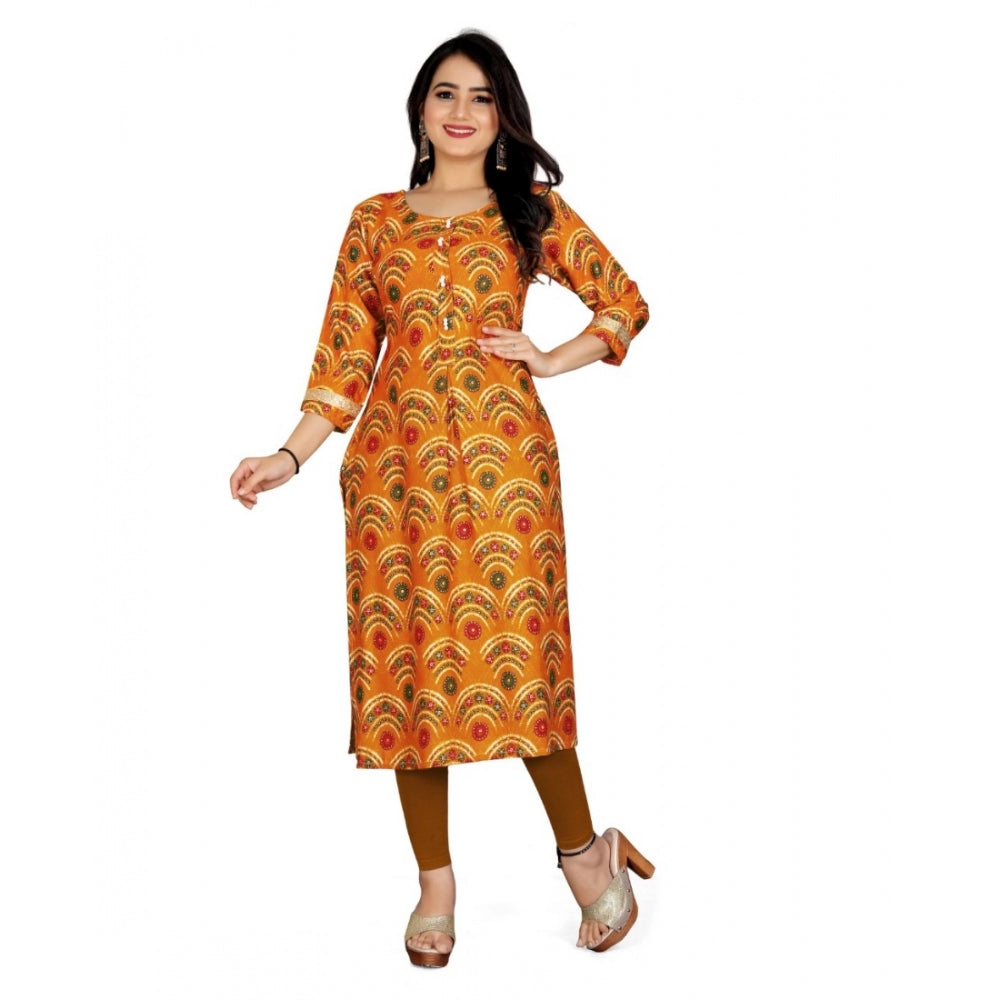 Generic Women's Rayon Foil Printed Straight Kurti (MustardYellow) - Noble Nook