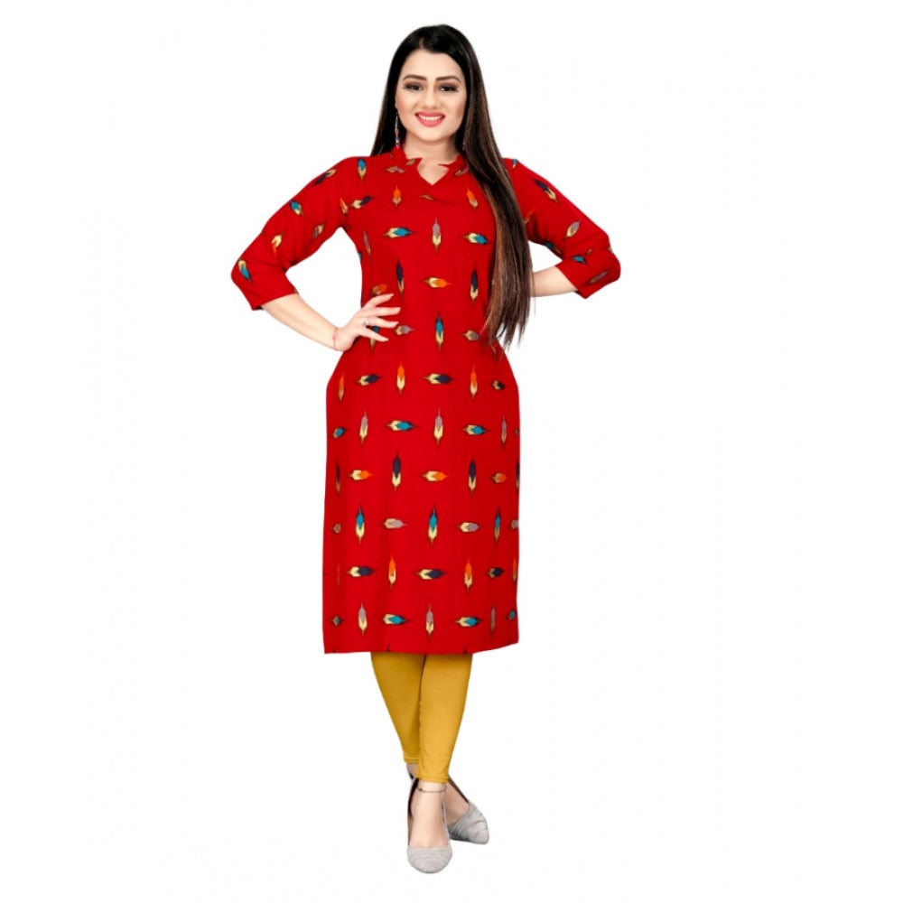 Generic Women's Rayon Foil Printed Straight Kurti (Red) - Noble Nook