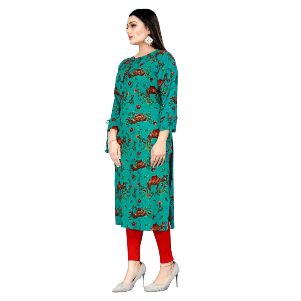 Generic Women's Rayon Foil Printed Straight Kurti (SeaGreen) - Noble Nook