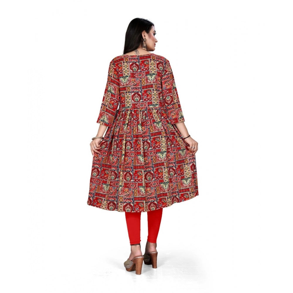 Generic Women's Rayon Foil Printed Straight Kurti (Red) - Noble Nook