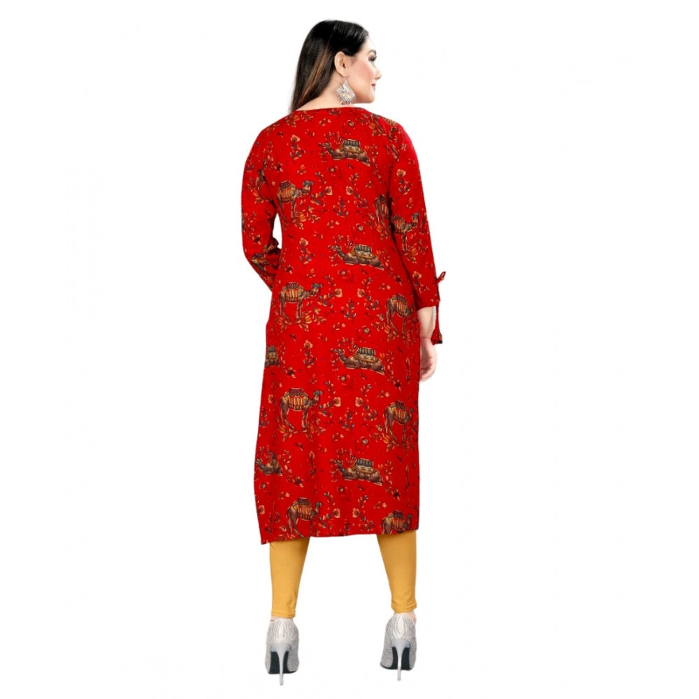 Generic Women's Rayon Foil Printed Straight Kurti (Red) - Noble Nook