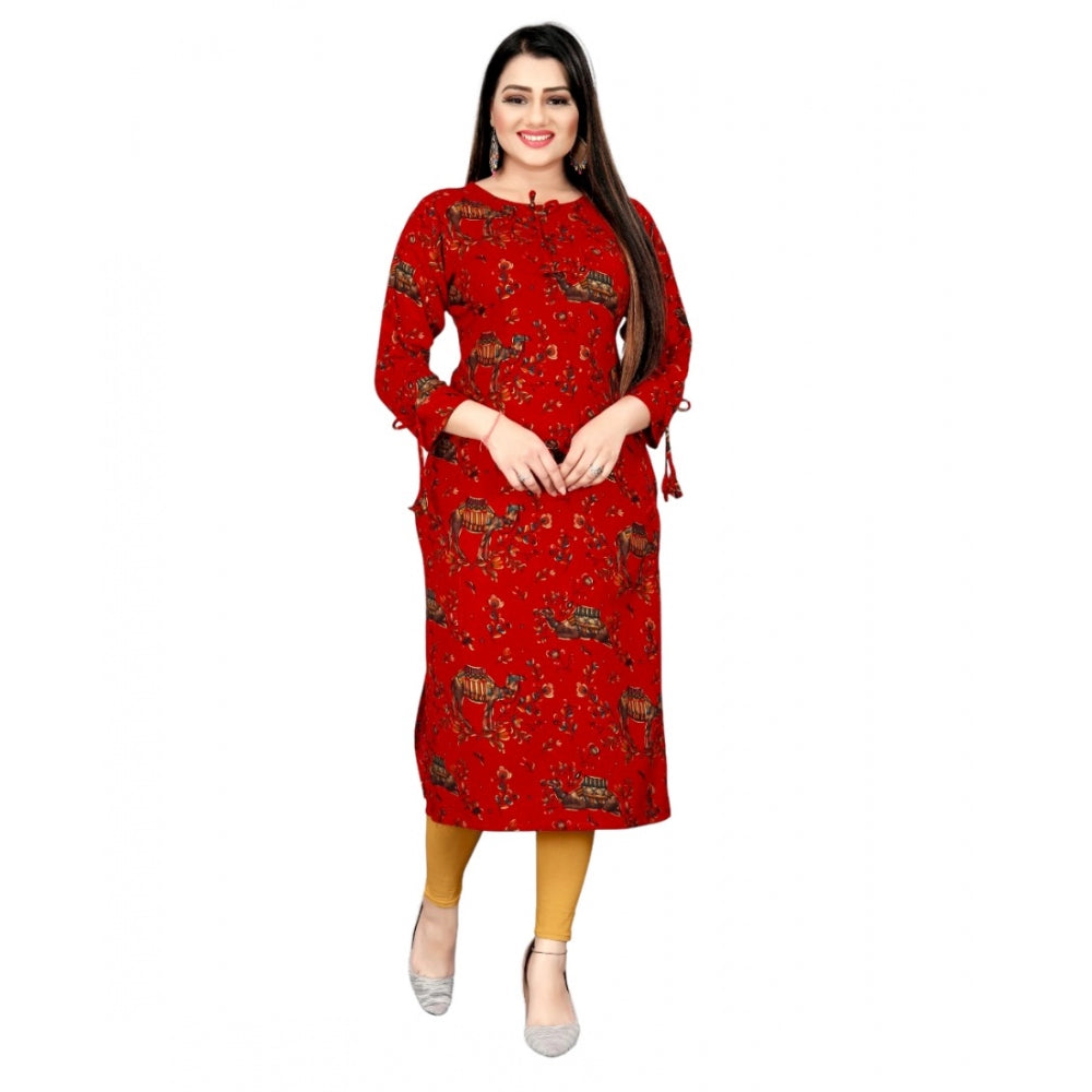 Generic Women's Rayon Foil Printed Straight Kurti (Red) - Noble Nook