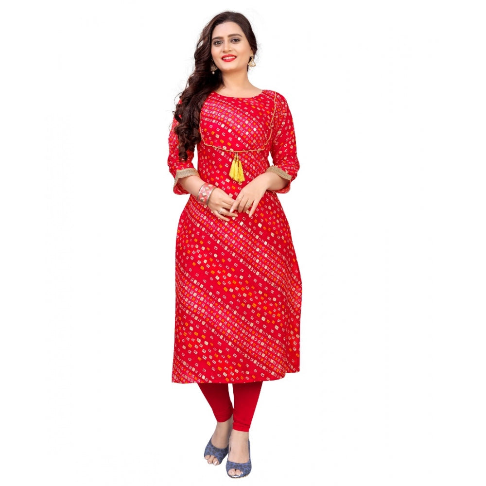 Generic Women's Rayon Foil Printed Straight Kurti (Red) - Noble Nook