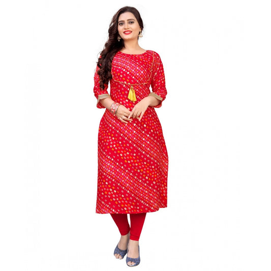 Generic Women's Rayon Foil Printed Straight Kurti (Red) - Noble Nook