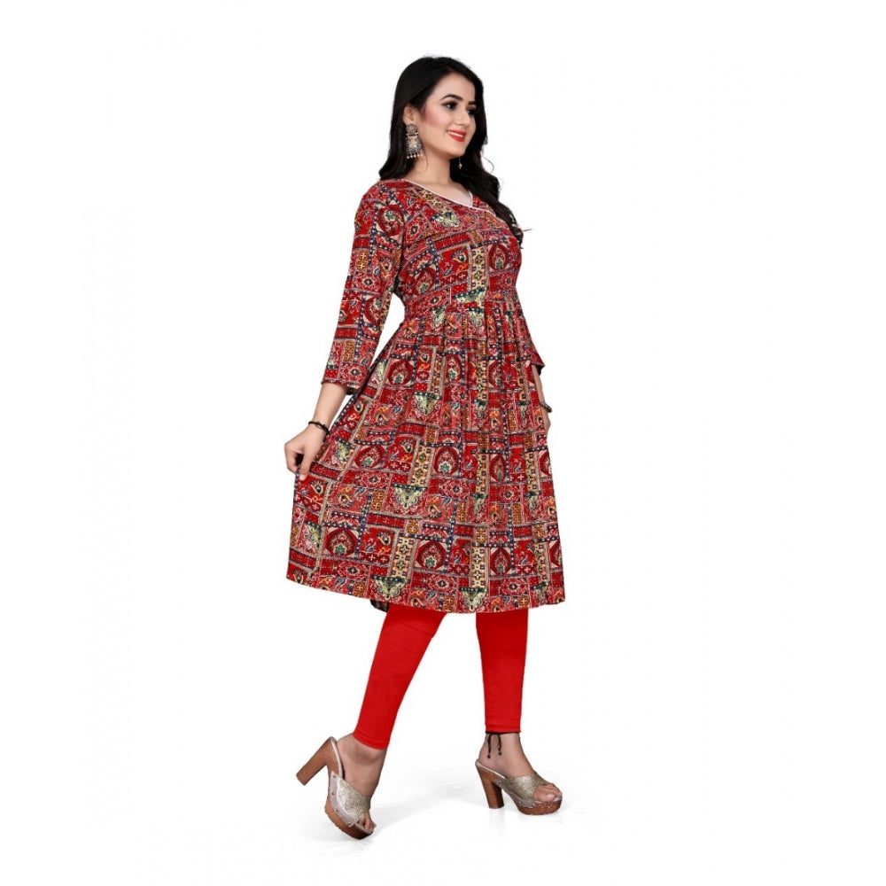 Generic Women's Rayon Foil Printed Straight Kurti (Red) - Noble Nook