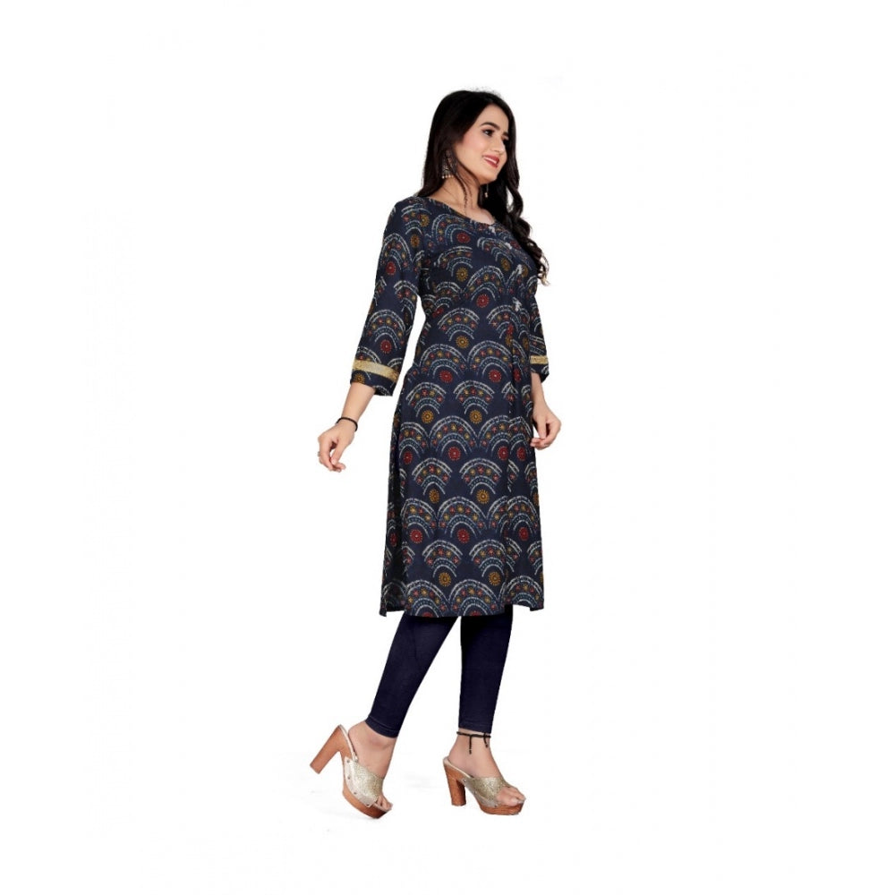 Generic Women's Rayon Foil Printed Straight Kurti (Navy Blue) - Noble Nook