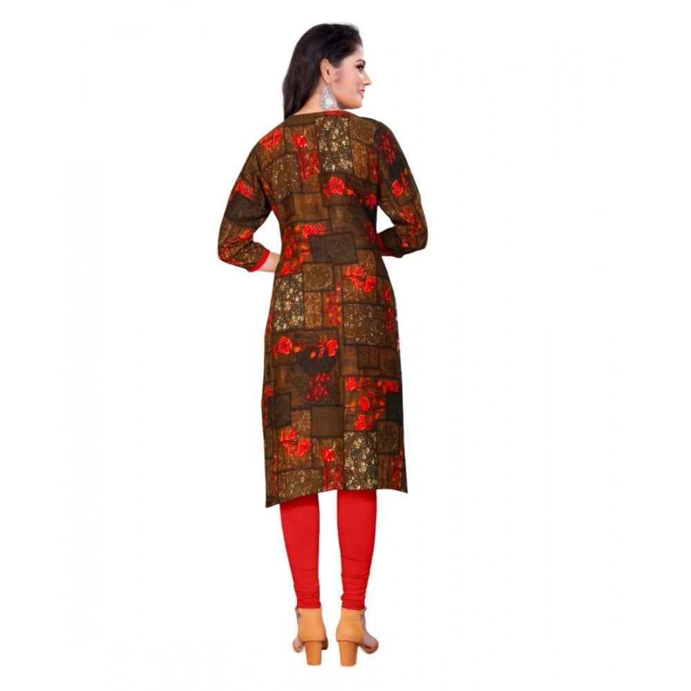 Generic Women's Rayon Foil Printed Straight Kurti (Brown) - Noble Nook