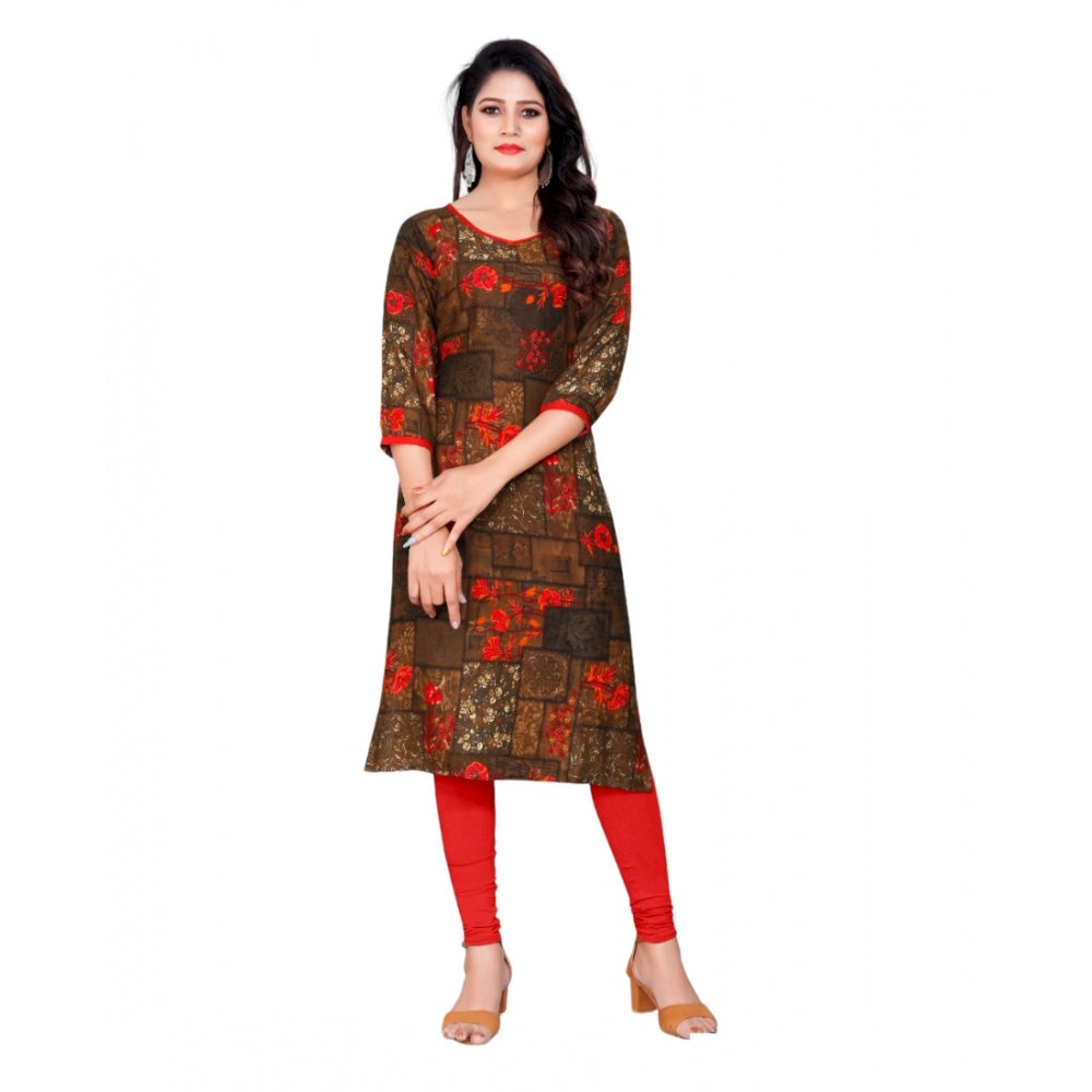 Generic Women's Rayon Foil Printed Straight Kurti (Brown) - Noble Nook