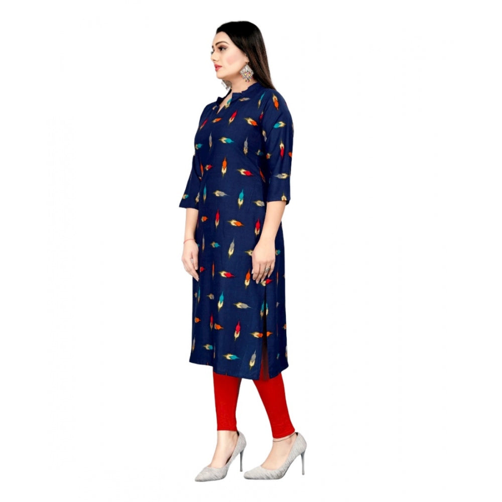 Generic Women's Rayon Foil Printed Straight Kurti (Navy Blue) - Noble Nook