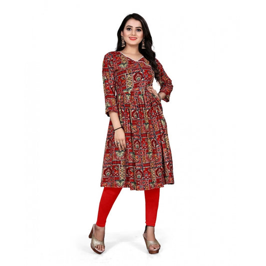 Generic Women's Rayon Foil Printed Straight Kurti (Red) - Noble Nook