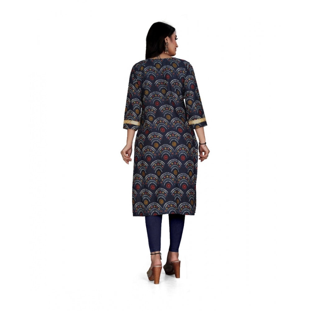 Generic Women's Rayon Foil Printed Straight Kurti (Navy Blue) - Noble Nook