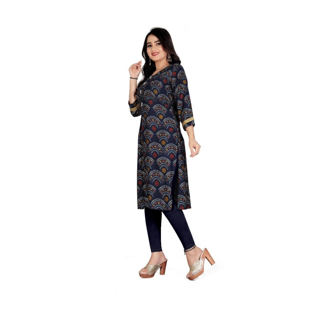 Generic Women's Rayon Foil Printed Straight Kurti (Navy Blue) - Noble Nook