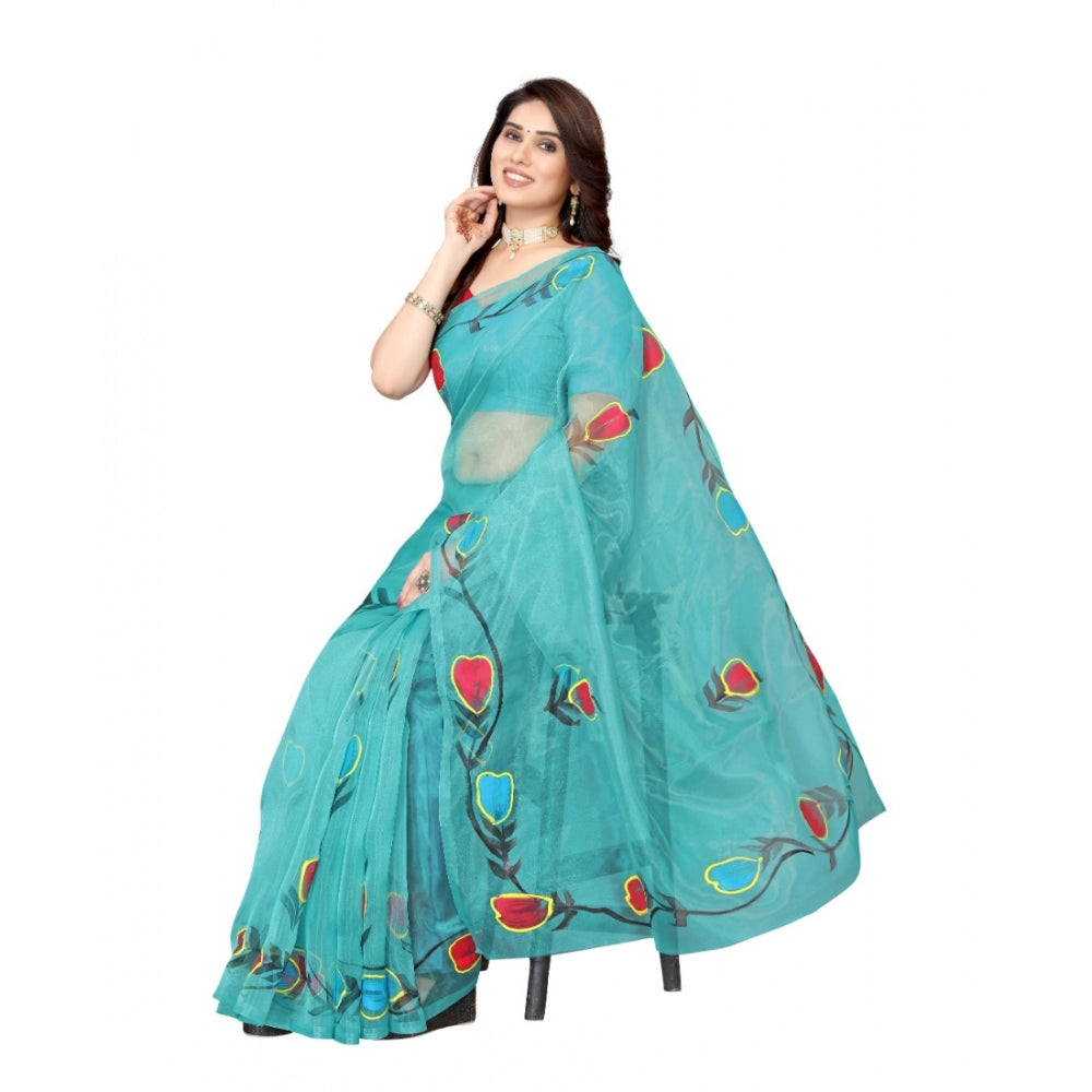 Generic Women's Organza Floral Pattern Sarees (Rama, 5-6 Mtrs) - Noble Nook