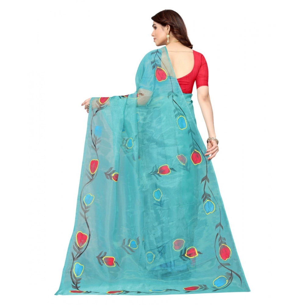 Generic Women's Organza Floral Pattern Sarees (Rama, 5-6 Mtrs) - Noble Nook