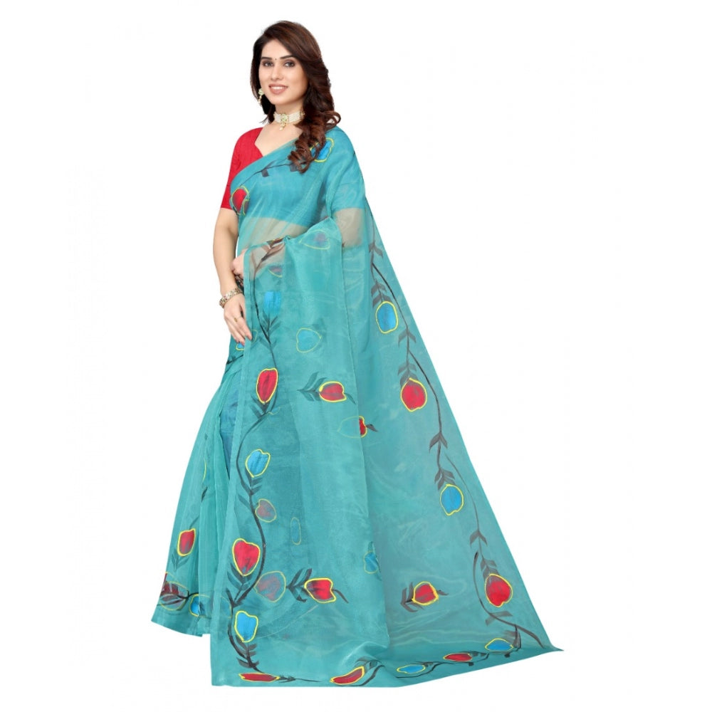 Generic Women's Organza Floral Pattern Sarees (Rama, 5-6 Mtrs) - Noble Nook