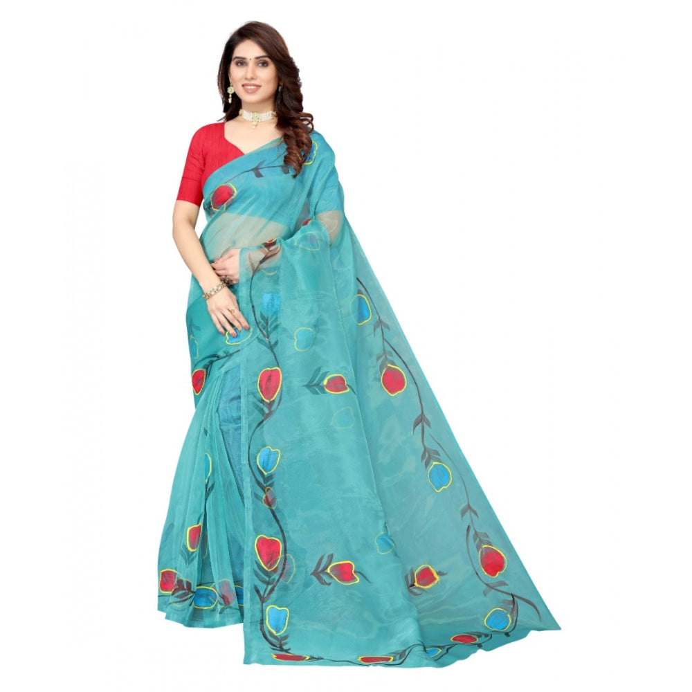 Generic Women's Organza Floral Pattern Sarees (Rama, 5-6 Mtrs) - Noble Nook