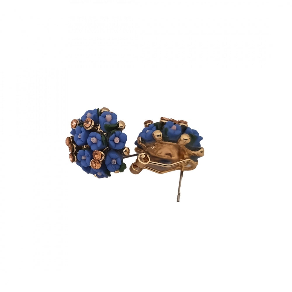 Generic Women's Metal White Ceramic And Stones Gold Plated Stud (Blue) - Noble Nook