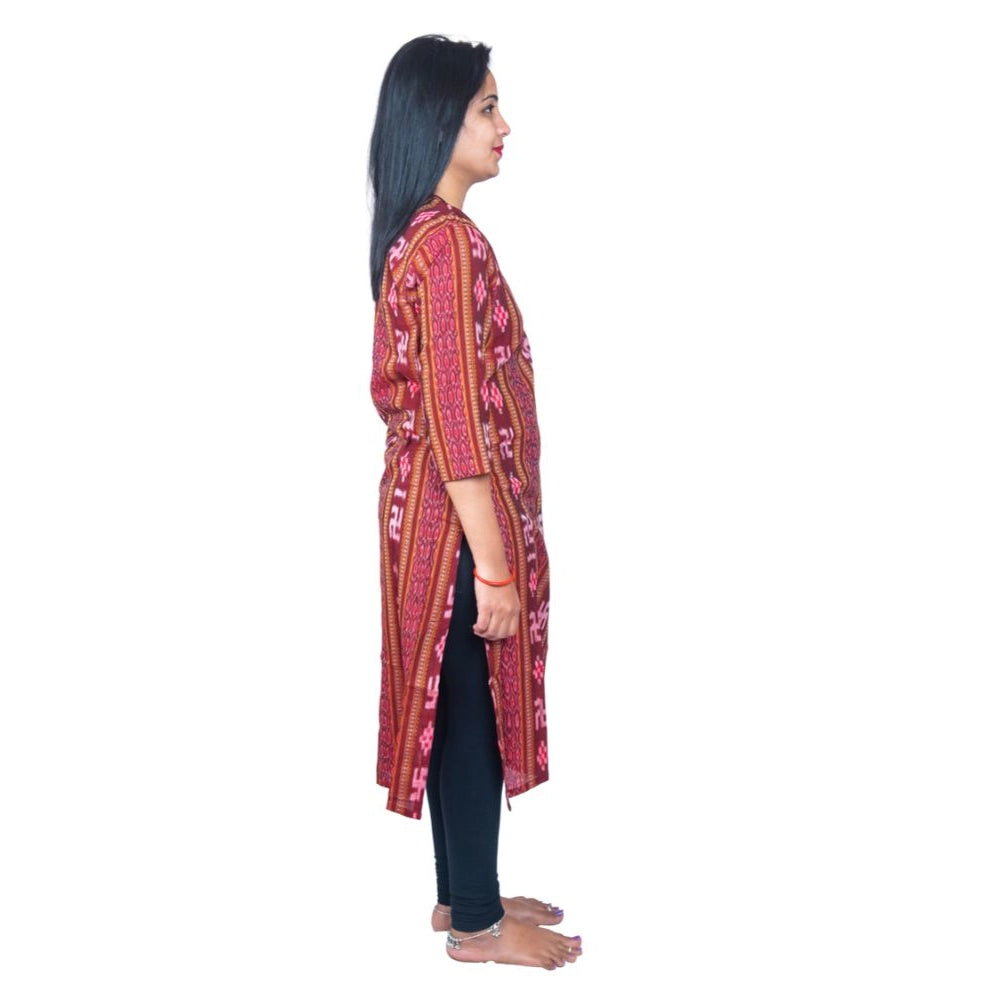 Generic Women's Sambalpuri Certified Handloom Pure Cotton Straight Kurti (Maroon) - Noble Nook