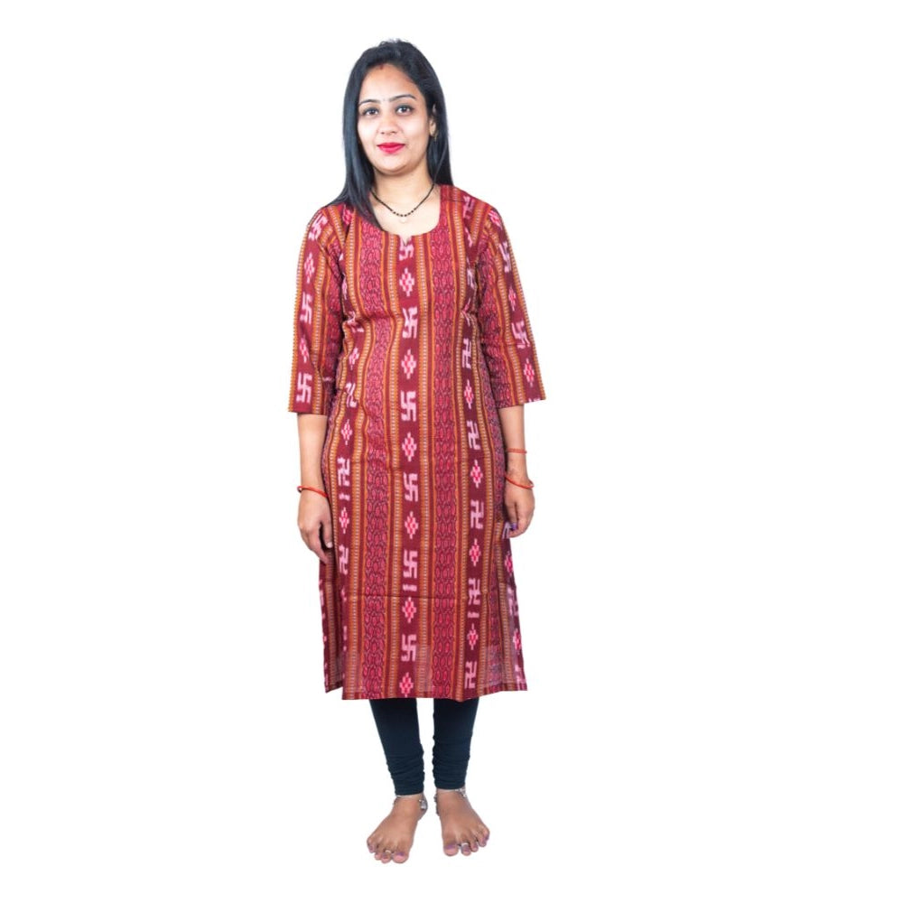 Generic Women's Sambalpuri Certified Handloom Pure Cotton Straight Kurti (Maroon) - Noble Nook