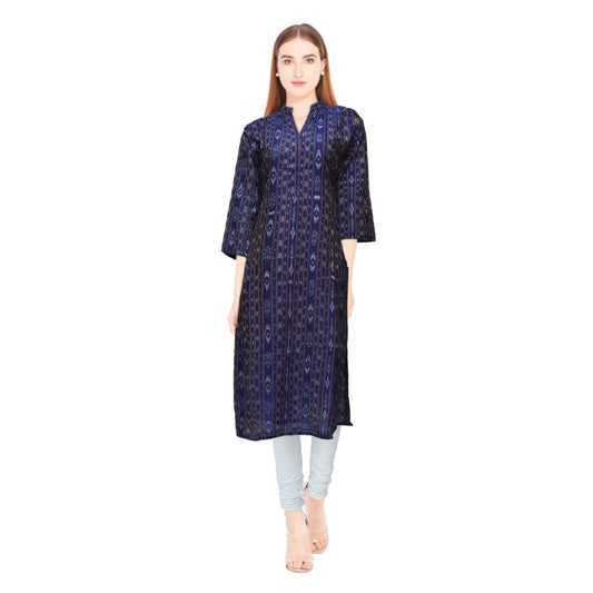 Generic Women's Sambalpuri Certified Handloom Chiffon Straight Kurti (Navy Blue) - Noble Nook