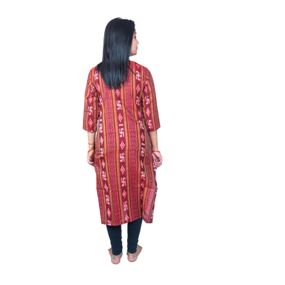 Generic Women's Sambalpuri Certified Handloom Pure Cotton Straight Kurti (Maroon) - Noble Nook