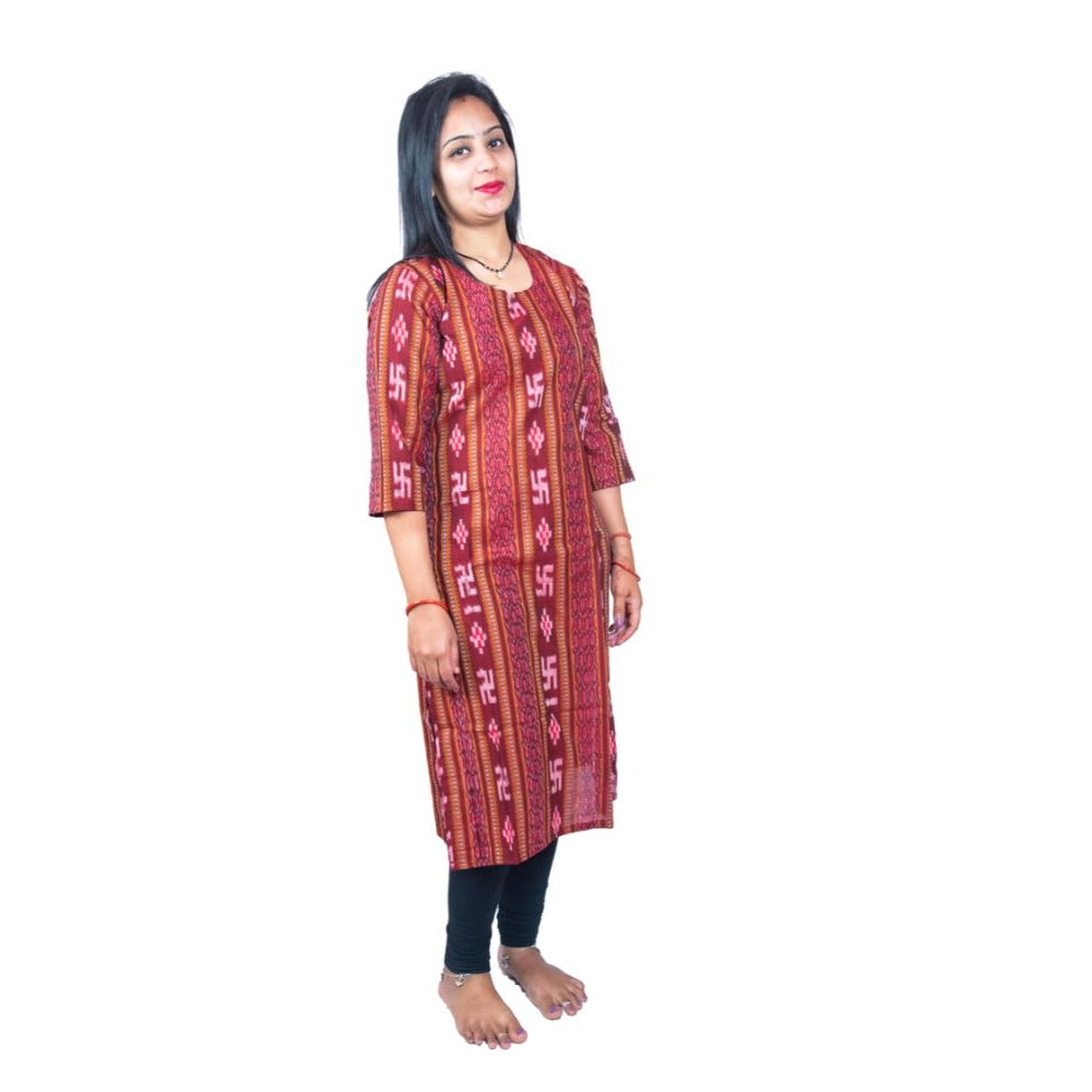 Generic Women's Sambalpuri Certified Handloom Pure Cotton Straight Kurti (Maroon) - Noble Nook