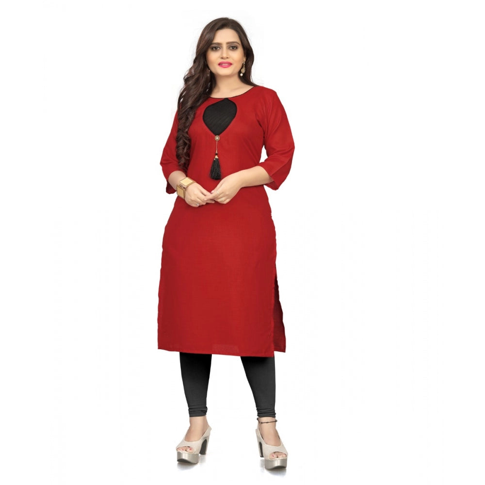 Generic Women's Cotton Solid A-Line Kurti (Red) - Noble Nook