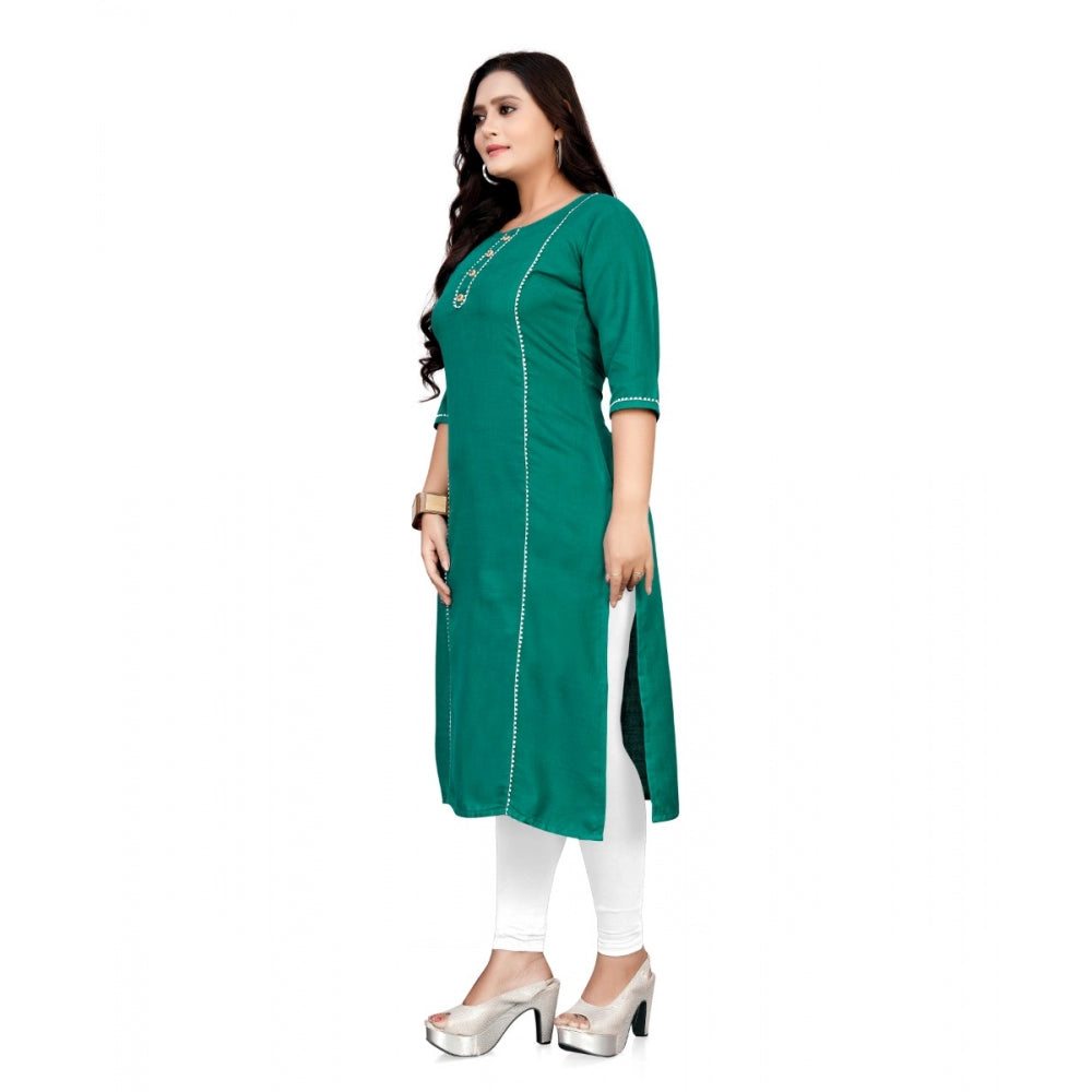 Generic Women's Cotton Solid A-Line Kurti (Turquoise Green) - Noble Nook