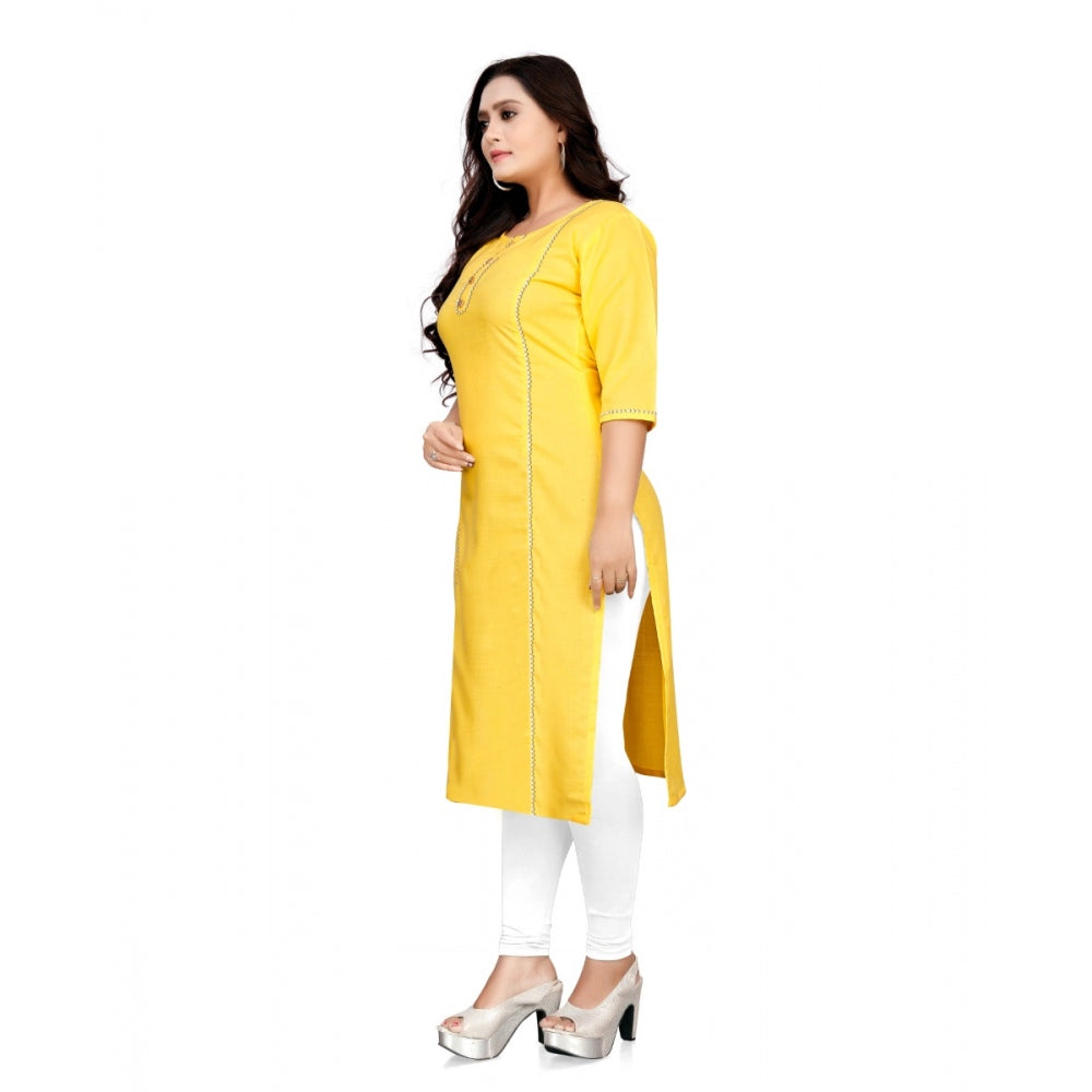 Generic Women's Cotton Solid A-Line Kurti (Yellow) - Noble Nook