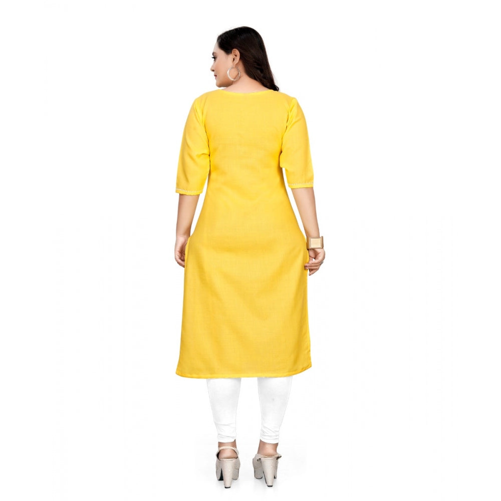 Generic Women's Cotton Solid A-Line Kurti (Yellow) - Noble Nook