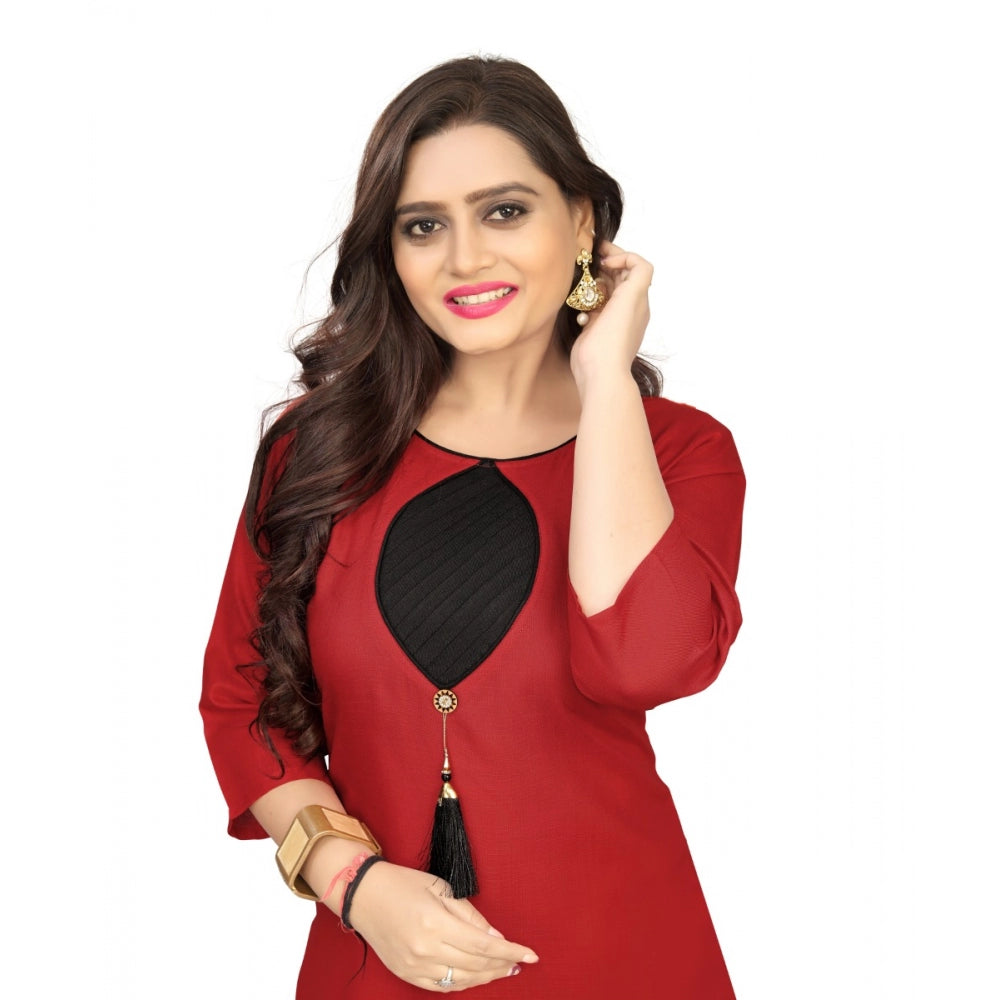 Generic Women's Cotton Solid A-Line Kurti (Red) - Noble Nook