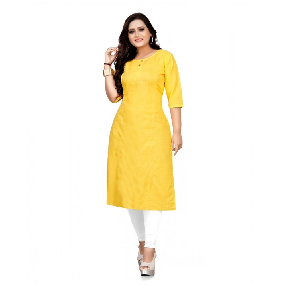 Generic Women's Cotton Solid A-Line Kurti (Yellow) - Noble Nook