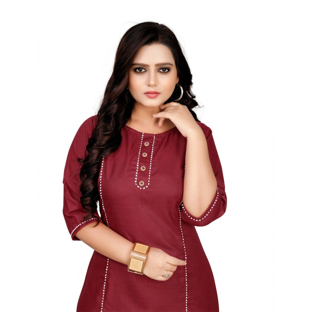 Generic Women's Cotton Solid A-Line Kurti (Maroon) - Noble Nook