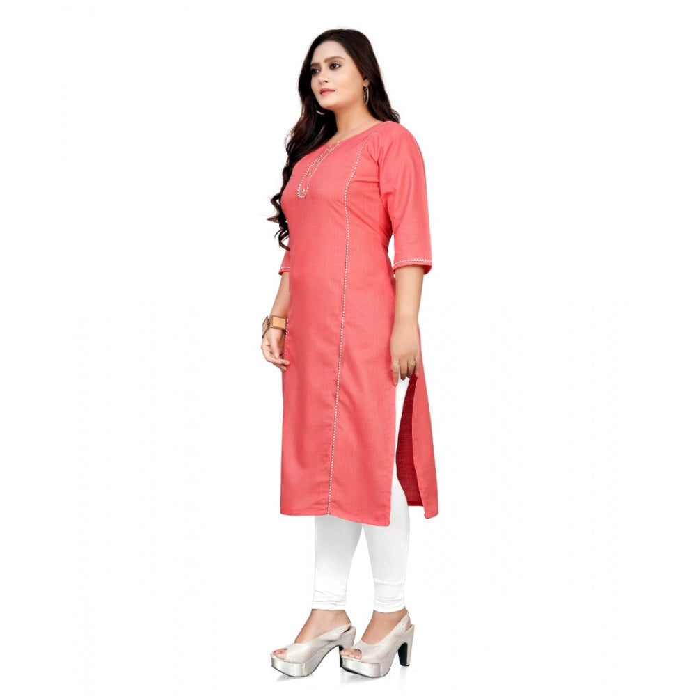 Generic Women's Cotton Solid A-Line Kurti (Peach) - Noble Nook