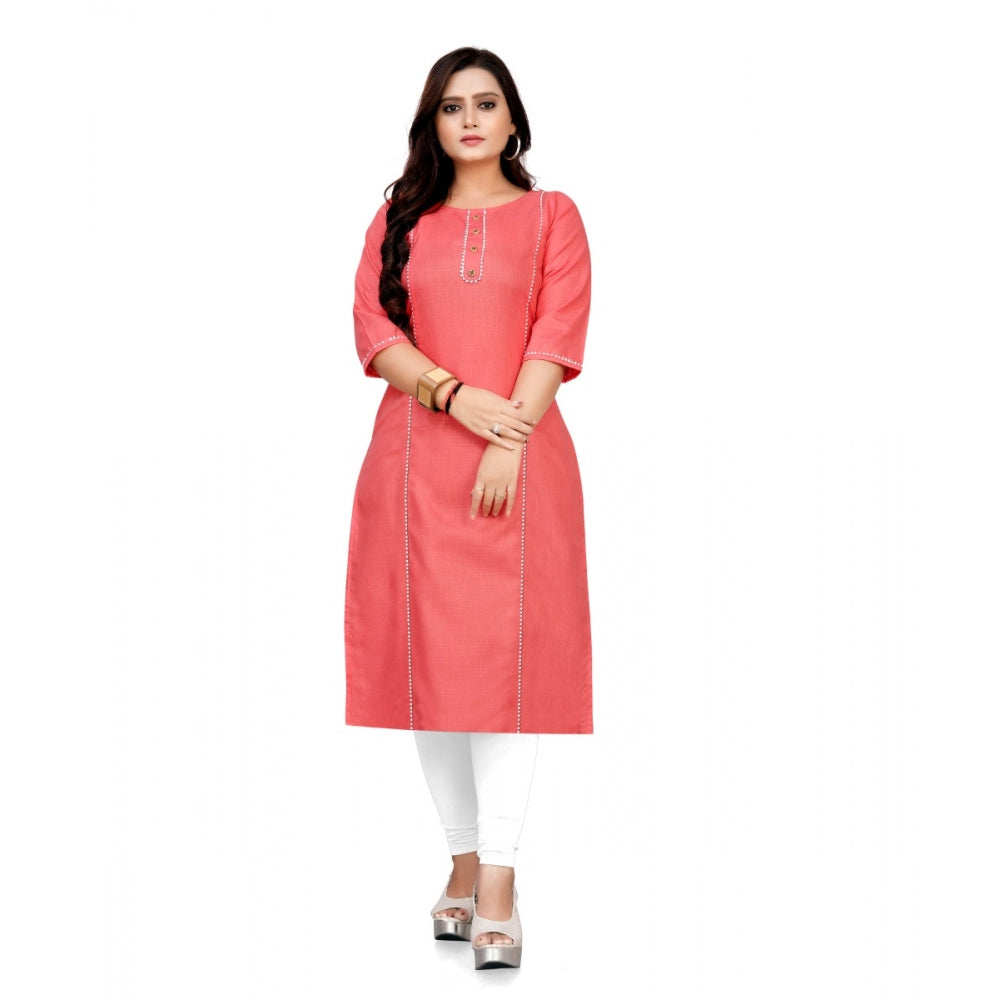 Generic Women's Cotton Solid A-Line Kurti (Peach) - Noble Nook