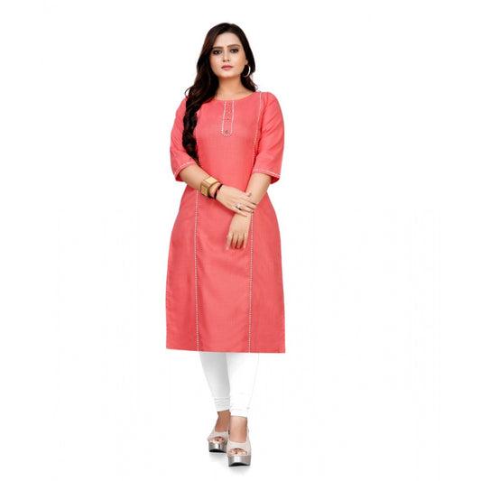 Generic Women's Cotton Solid A-Line Kurti (Peach) - Noble Nook