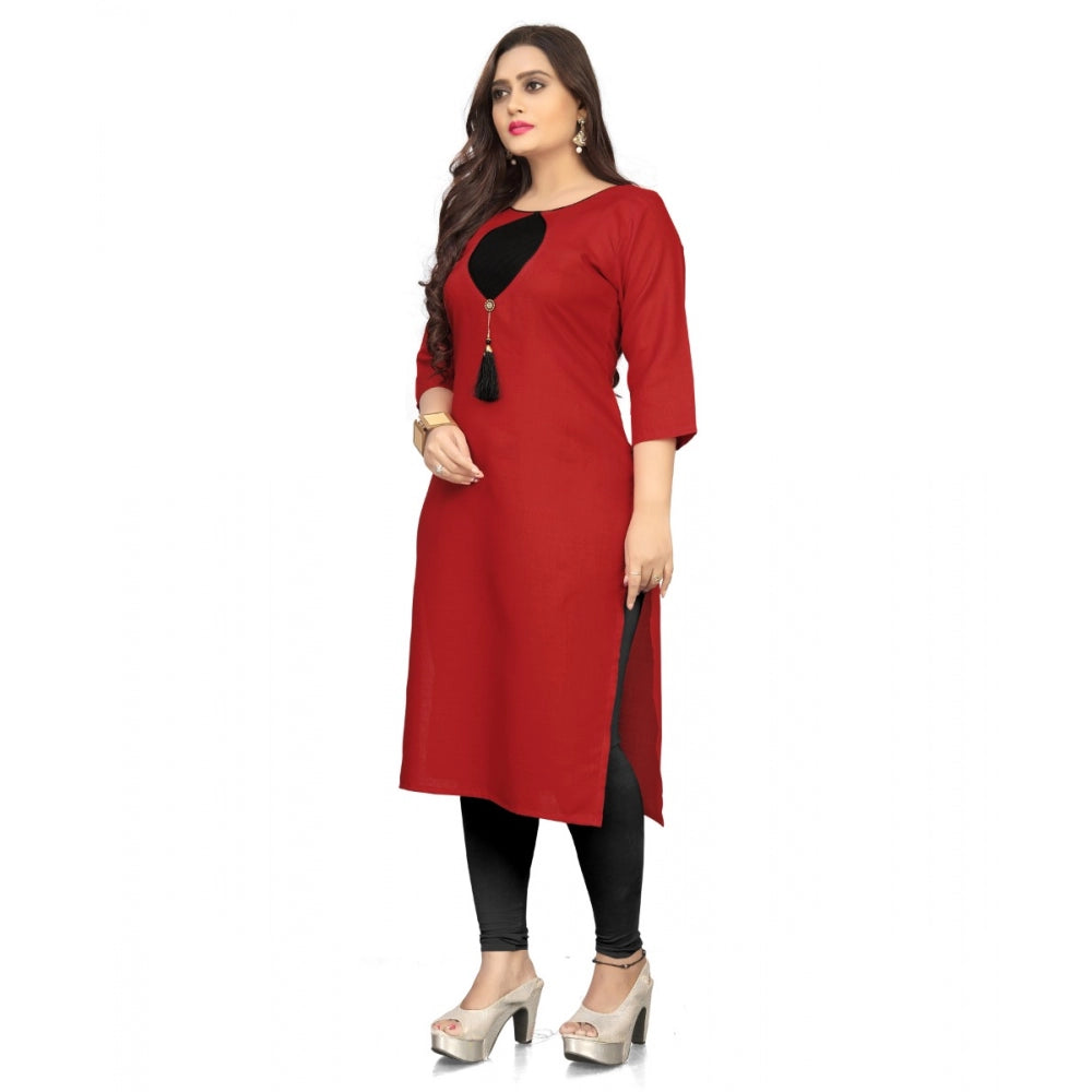 Generic Women's Cotton Solid A-Line Kurti (Red) - Noble Nook