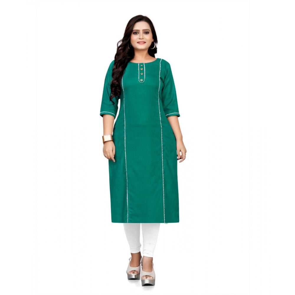 Generic Women's Cotton Solid A-Line Kurti (Turquoise Green) - Noble Nook