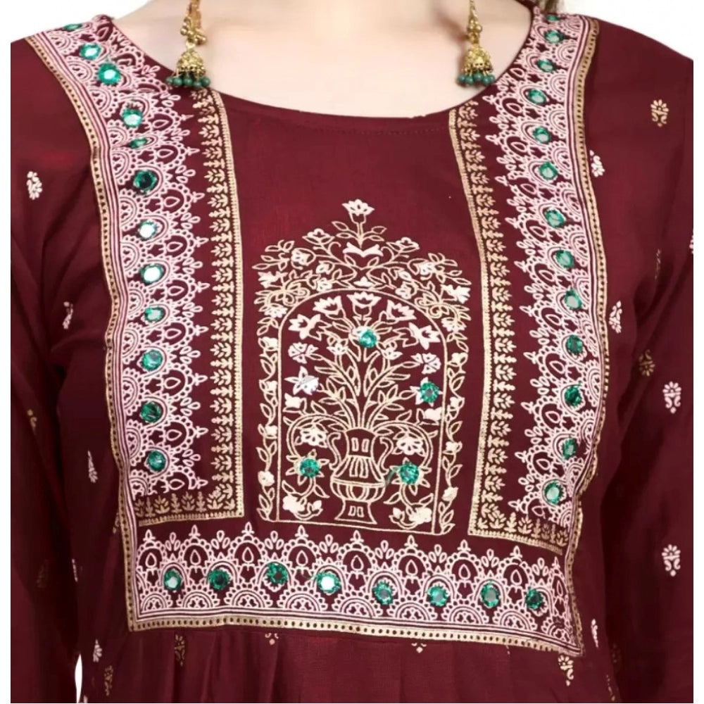 Generic Women's Printed Embroidery Kurti (Maroon) - Noble Nook