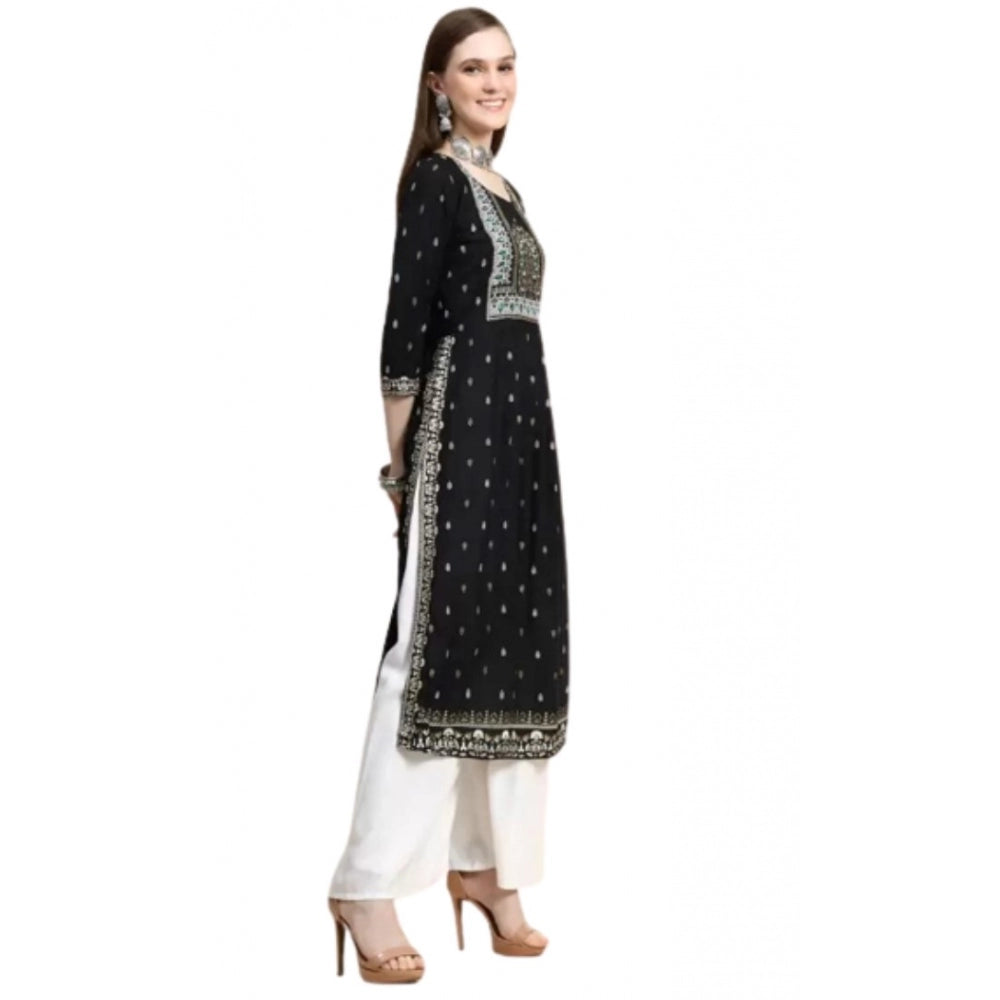 Generic Women's Printed Embroidery Kurti (Black) - Noble Nook