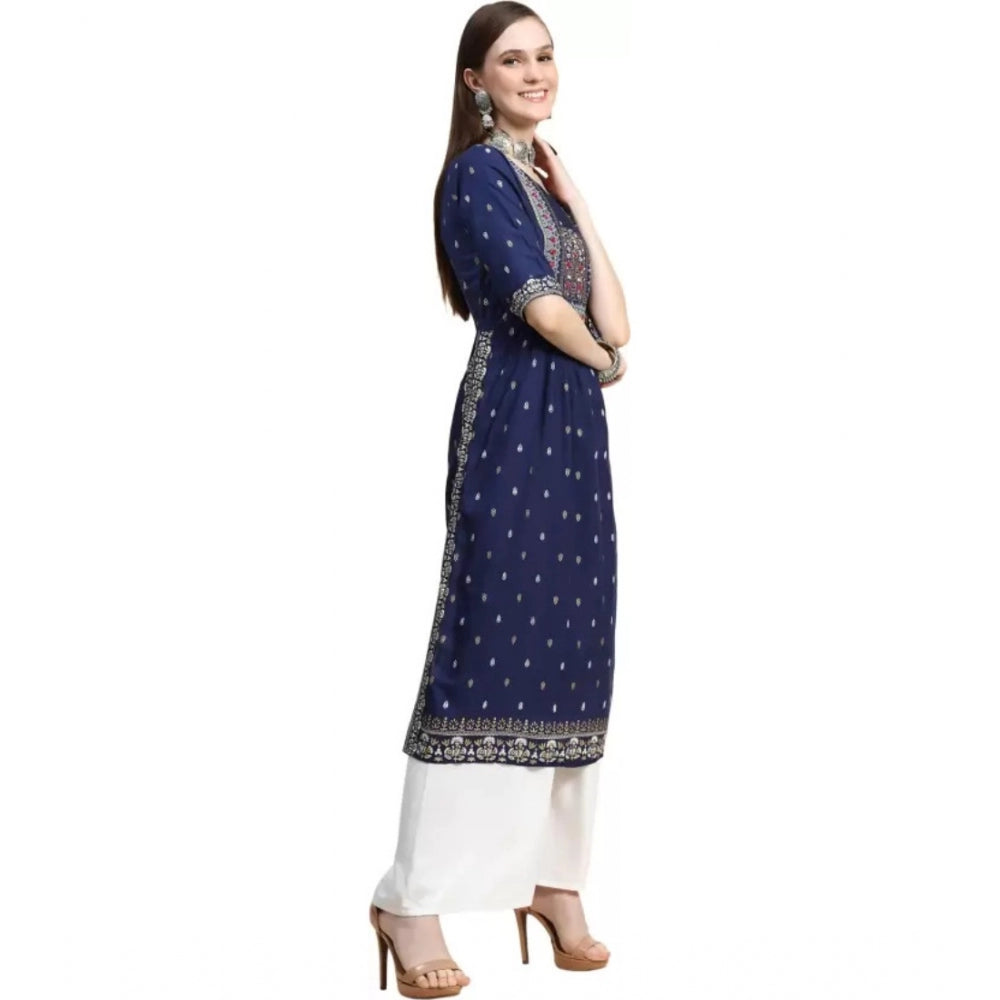 Generic Women's Printed Embroidery Kurti (Navy Blue) - Noble Nook