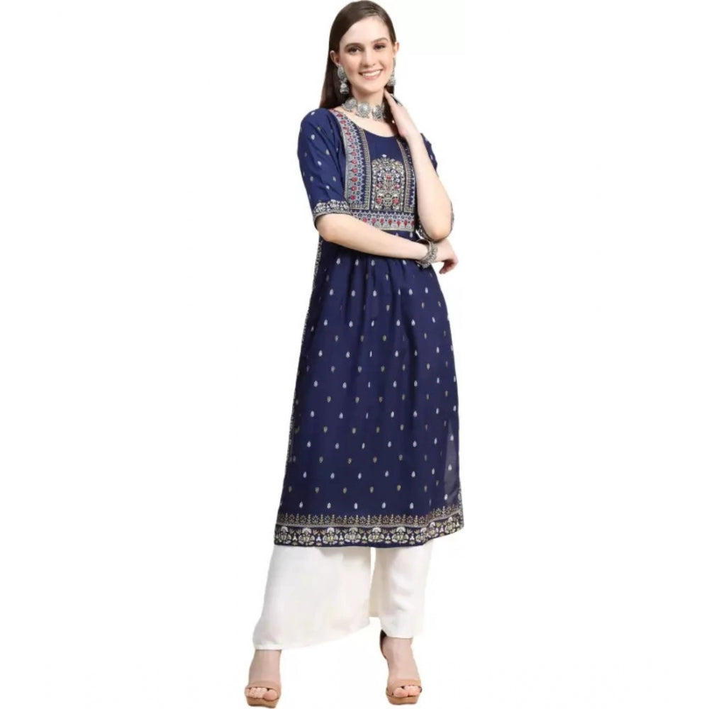 Generic Women's Printed Embroidery Kurti (Navy Blue) - Noble Nook