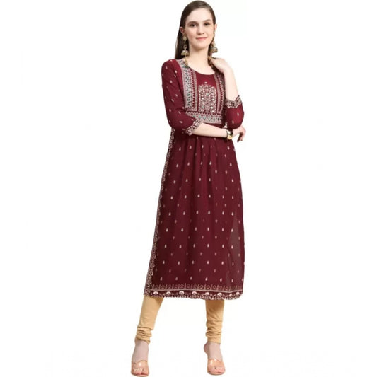 Generic Women's Printed Embroidery Kurti (Maroon) - Noble Nook