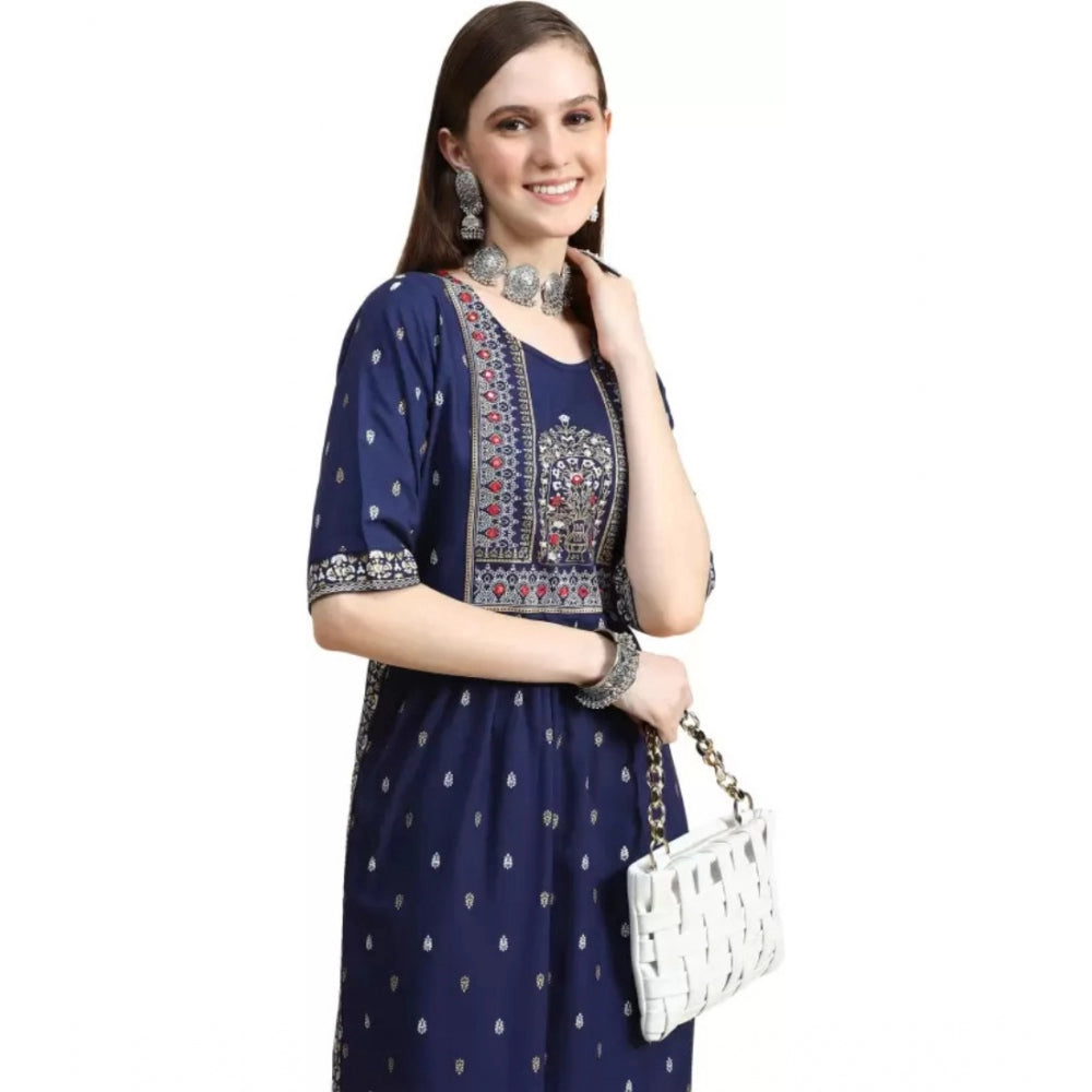 Generic Women's Printed Embroidery Kurti (Navy Blue) - Noble Nook