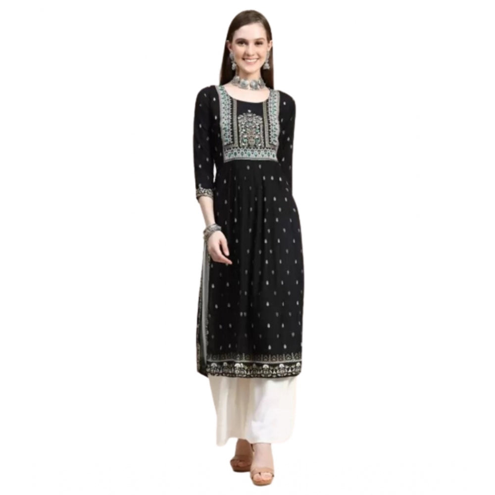 Generic Women's Printed Embroidery Kurti (Black) - Noble Nook