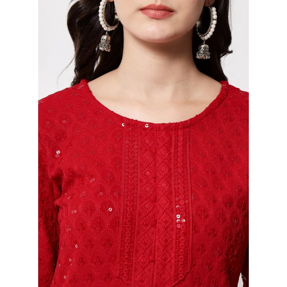 Generic Women's Embroidery With Sequence Kurti (Maroon) - Noble Nook